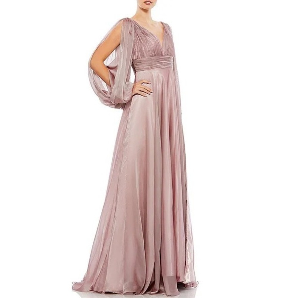 Mac Duggal 67414 Mocha/Mauve Pleated Chiffon Gown Bishop Sleeve Beaded Cuff NEW
